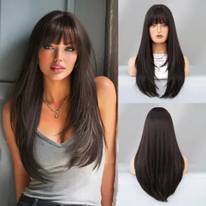 Long layered dark brown wig with air bangs, high-quality sleek straight hair for women