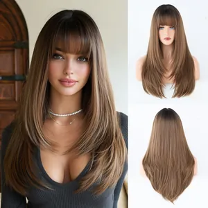 Long brown straight wig with bangs, high-quality synthetic heat-resistant hair for women
