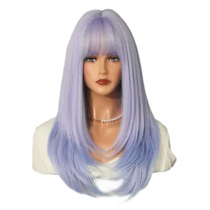 Long straight lavender purple wig with bangs, smooth synthetic heat resistant hair