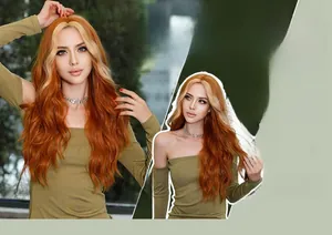 Detailed macro view of long wavy bright orange synthetic hair wig with gold highlights