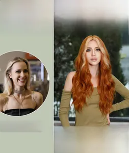 Comparison showing long wavy ginger and blonde highlighted wig on model before and after
