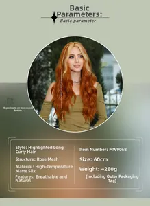 Detail view of 60cm long wavy ginger wig with highlights and rose net base specs