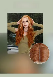 Detail showing high-quality synthetic wavy ginger hair with realistic scalp partings