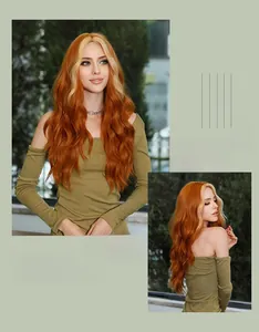 Close-up of long wavy ginger wig with blonde highlights and stylish middle part