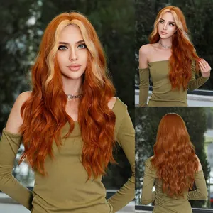 Long Wavy Synthetic Wig Orange Blonde Highlights Face Framing Heat Resistant High Temperature Fiber Middle Part Hair Wig And Hair Net For Women