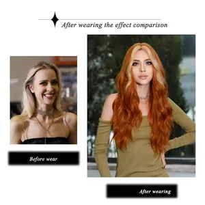 Long wavy ginger red wig with blonde face-framing highlights for women's hairstyle transformation