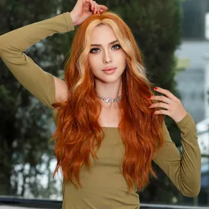 Long wavy ginger orange wig with blonde face-framing highlights and middle part