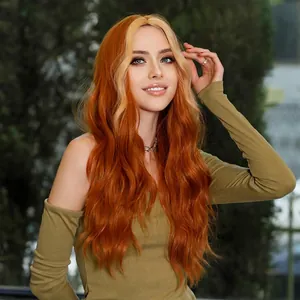 Long wavy orange wig with blonde highlights and middle part style for women