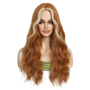 Long wavy ginger wig with blonde money piece highlights for a trendy feminine look