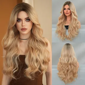 Long wavy blonde synthetic wig with center part and natural gradient color for women