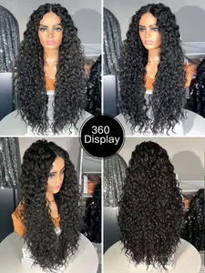 360-degree view of long wavy black HD lace front wig with natural tight curls