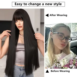 28-inch long straight black wig with flat bangs showing before and after wearing effect