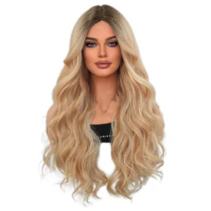Long ombre blonde wavy wig with middle part and natural loose curls for women