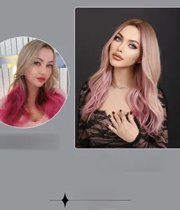 Before and after view of long ombre pink wavy wig showing hair transformation effects