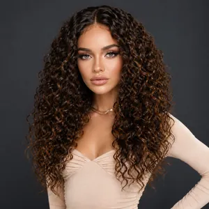 Long kinky curly HD lace front wig with brown highlights for women in professional studio shot