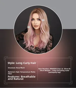Detail view of pink ombre wig with rose net cap structure and size specifications