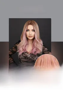 Detailed macro view of ombre pink curly wig fiber texture and realistic scalp simulation