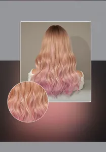 Detailed texture of long ombre pink wavy wig made of matte high-temperature fiber