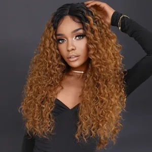 Long kinky curly HD lace front wig with black to honey blonde ombre for African women