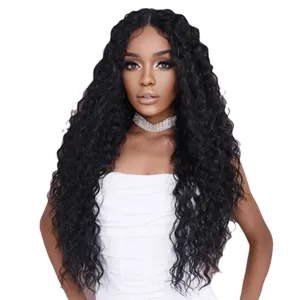 Long wavy black lace front wig with natural synthetic hair and middle part style
