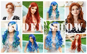 Long wavy cosplay wigs in vibrant red, blue and ginger displayed by models