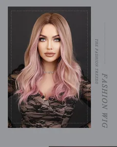 Detail showing wavy long ombre pink wig with brunette roots and soft texture