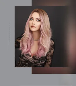 Close-up of ombre pink long wavy wig with middle part and seamless color transition