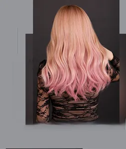 Detailed back view of long ombre pink wavy wig featuring a stylish gradient color effect
