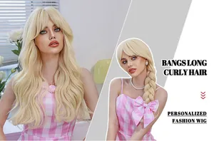 Detail of blonde long curly cosplay wig with bangs featuring wavy texture and side braid