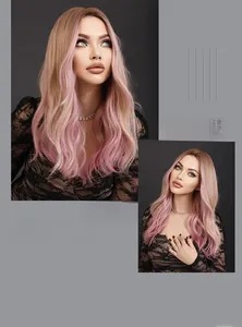 Detail showing wavy long ombre pink wig with natural flow and soft hair texture