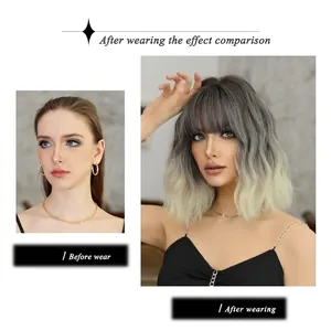 Short wavy bob wig with air bangs in grey to blonde gradient style for women