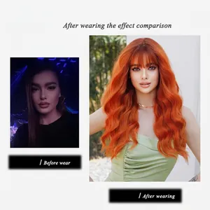 Before and after contrast of long wavy ginger orange wig with bangs for women