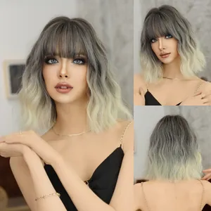 Short Wavy Bob Wig With Bangs High Temperature Synthetic Fiber Ombre Grey To Silver White Hair For Women Daily Party