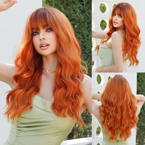 Long Wavy Synthetic Wig With Bangs Heat Resistant Fiber Ginger Orange Black Blonde Pink Natural Looking For Women