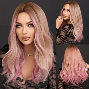 Long Wavy Ombre Pink Wig For Women High Temperature Synthetic Fiber Heat Resistant Curly Fashion Wig For Daily Party