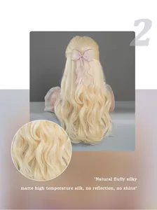 Detail of blonde long wavy cosplay wig with a pink organza bow and matte fiber texture