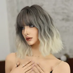 Short wavy ombre bob wig with airy bangs in grey to silver white gradient for women