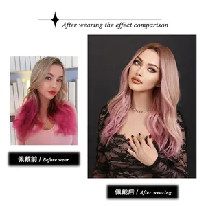 Long ombre pink wavy wig for women with middle part showing before and after styling