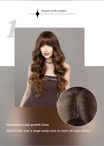Détail du cuir chevelu réaliste et longs cheveux bruns ondulés avec frange chic