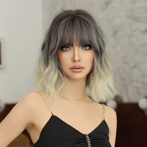 Short wavy grey to blonde ombre bob wig with bangs and natural texture for women
