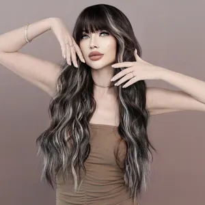 Long wavy synthetic wig with bangs featuring trendy blonde highlights and deep brown roots