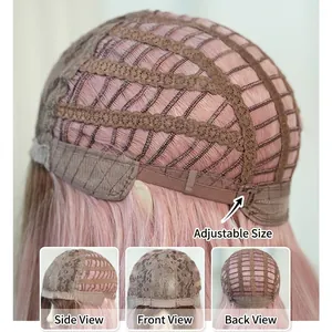 Ombre pink long wavy wig with breathable mesh cap and adjustable straps for women