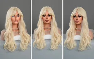 Three-way view of platinum blonde long wavy cosplay wig with French air bangs