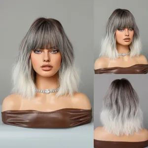 Three-way view of mid-length ombre wig with bangs from grey to white finish