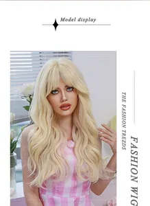 Detail view of platinum blonde long wavy wig with side bangs on fashion model
