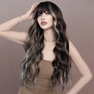 Long wavy dark brown wig with blonde skunk stripe highlights and flat bangs for women