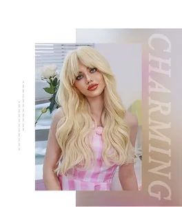 Detailed view of long blonde wavy cosplay wig with bangs and high quality synthetic fibers