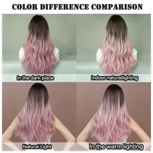 Comparaison de couleurs de la perruque longue ondulée rose sous divers éclairages