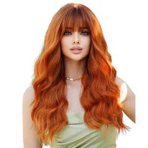 Vibrant long wavy ginger orange wig with flat bangs for women, high-quality synthetic hair