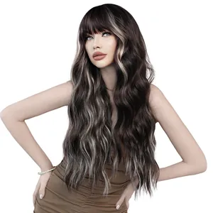 Long wavy wig with highlights and bangs for women in a natural layered hairstyle